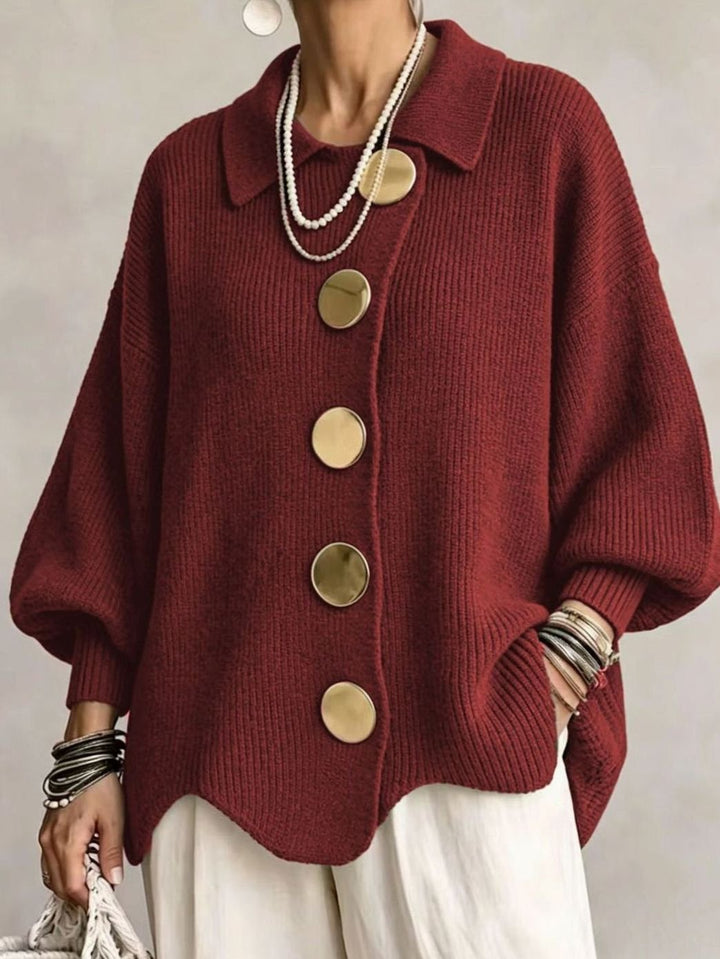 Women's Oversized Cardigan Sweater Collared Gold-Button Knit - Red