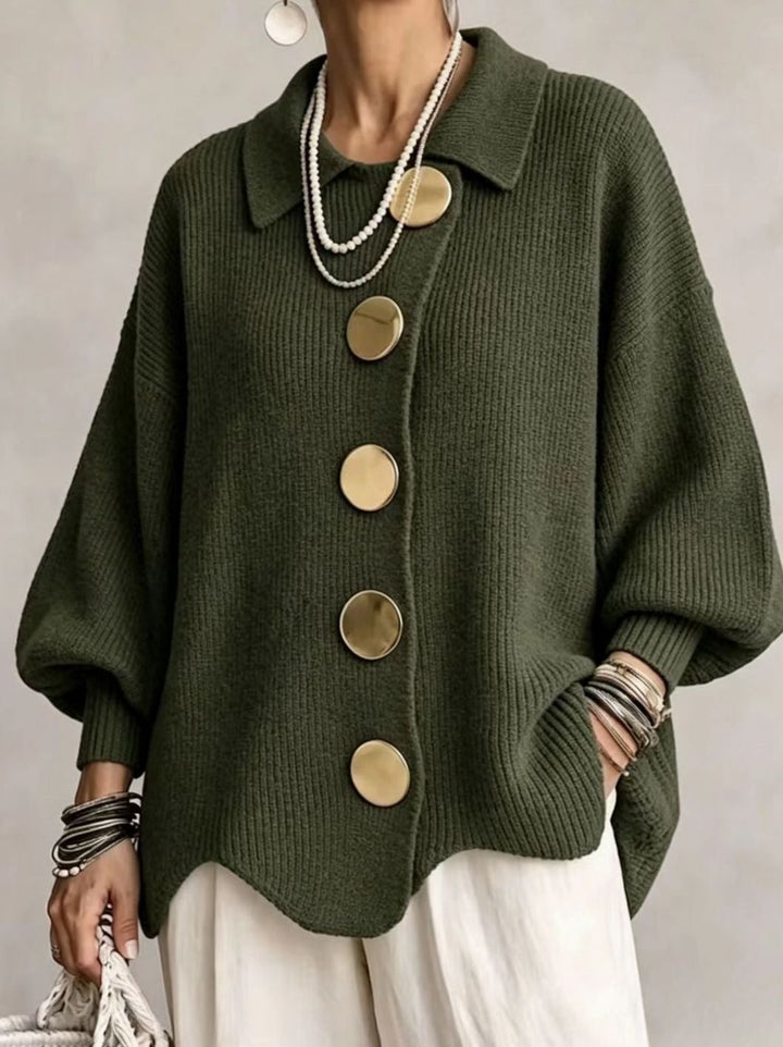 Women's Oversized Cardigan Sweater Collared Gold-Button Knit - Olive Green