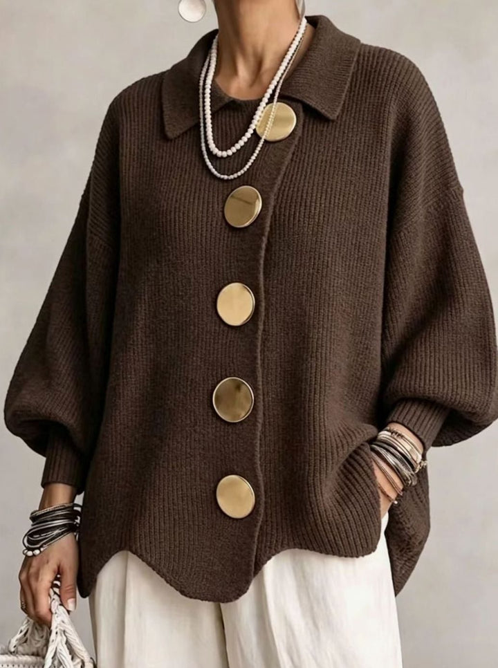 Women's Oversized Cardigan Sweater Collared Gold-Button Knit - Mocha