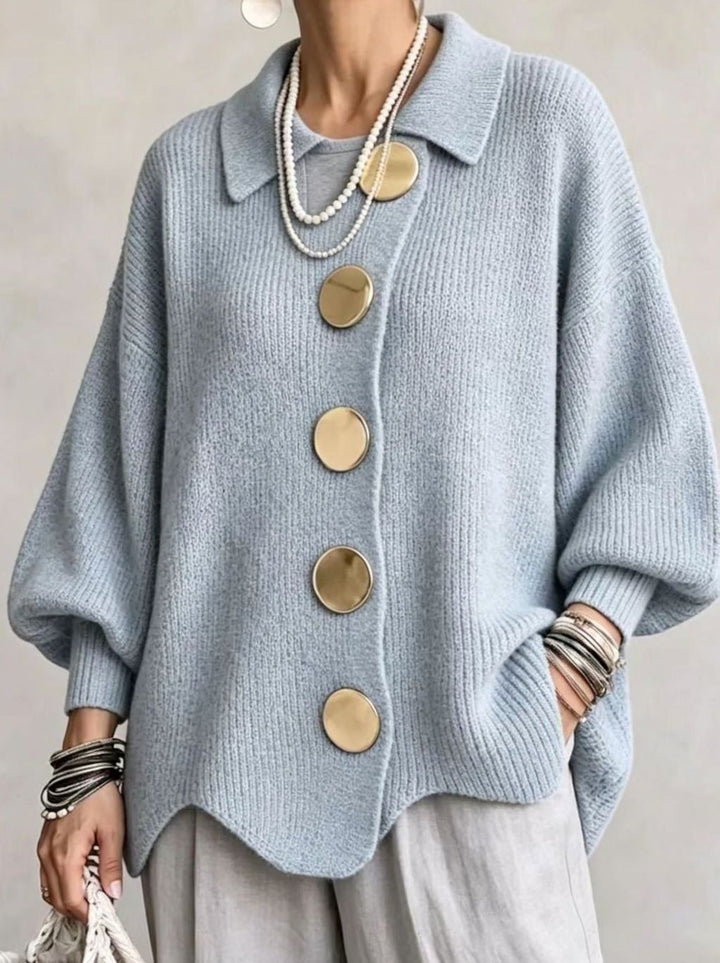 Women's Oversized Cardigan Sweater Collared Gold-Button Knit - Sky Blue