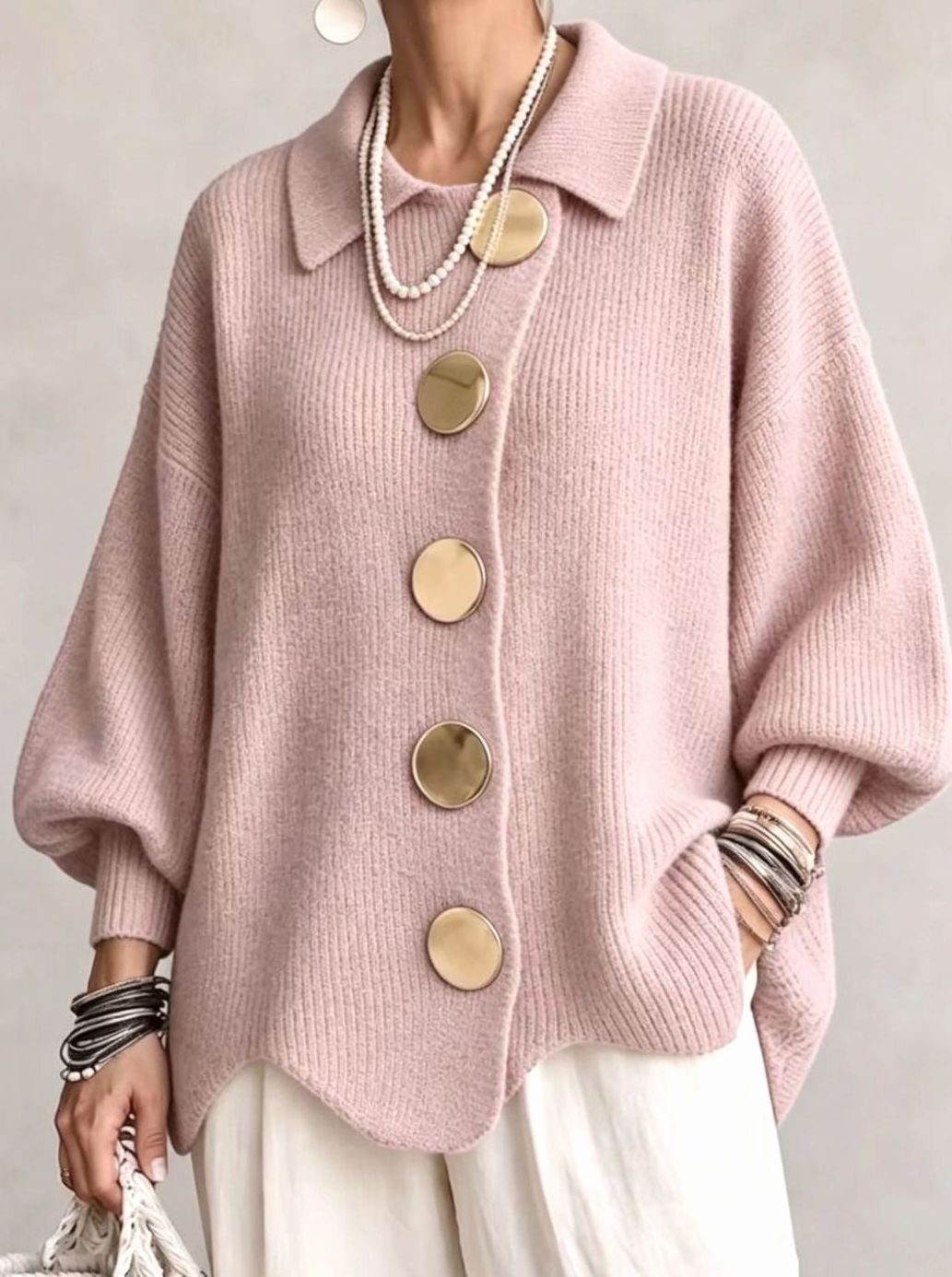 Women's Oversized Cardigan Sweater Collared Gold-Button Knit - Powder Pink
