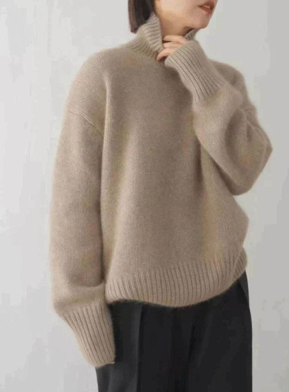 Women's Oversized Cashmere Turtleneck Knit Sweater - Khaki
