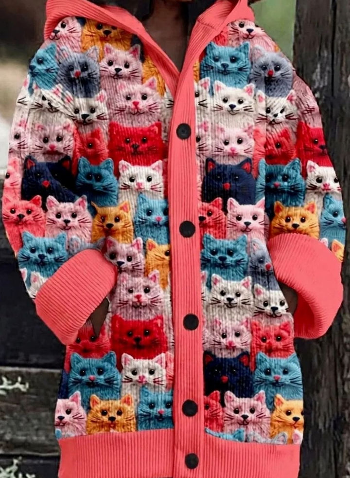Women's Oversized Cat Print Button-Up Cardigan Sweater - Design 1