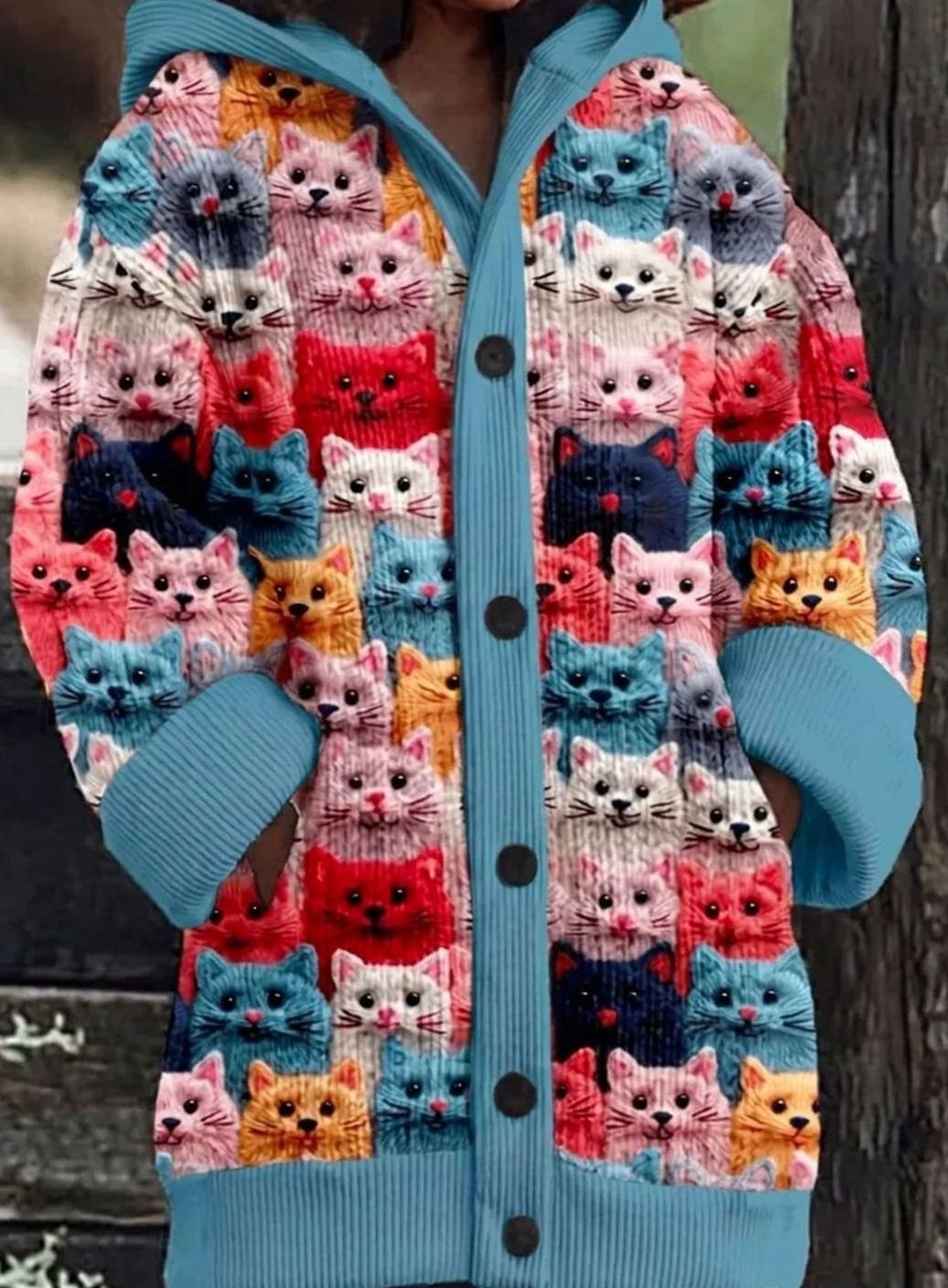 Women's Oversized Cat Print Button-Up Cardigan Sweater - Design 3