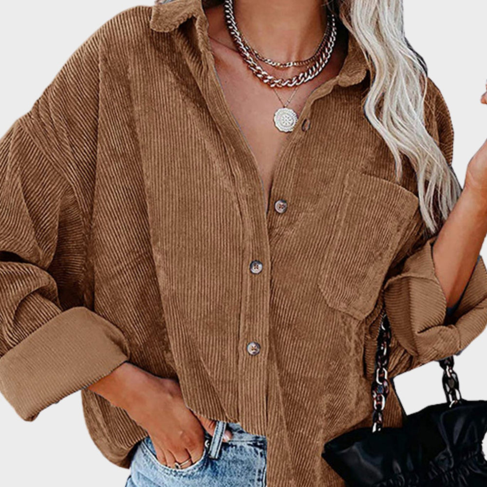 Women's Oversized Corduroy Button-Down Shirt Jacket, Olive Green - Brown
