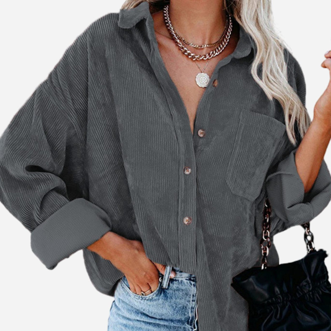 Women's Oversized Corduroy Button-Down Shirt Jacket, Olive Green - Gray