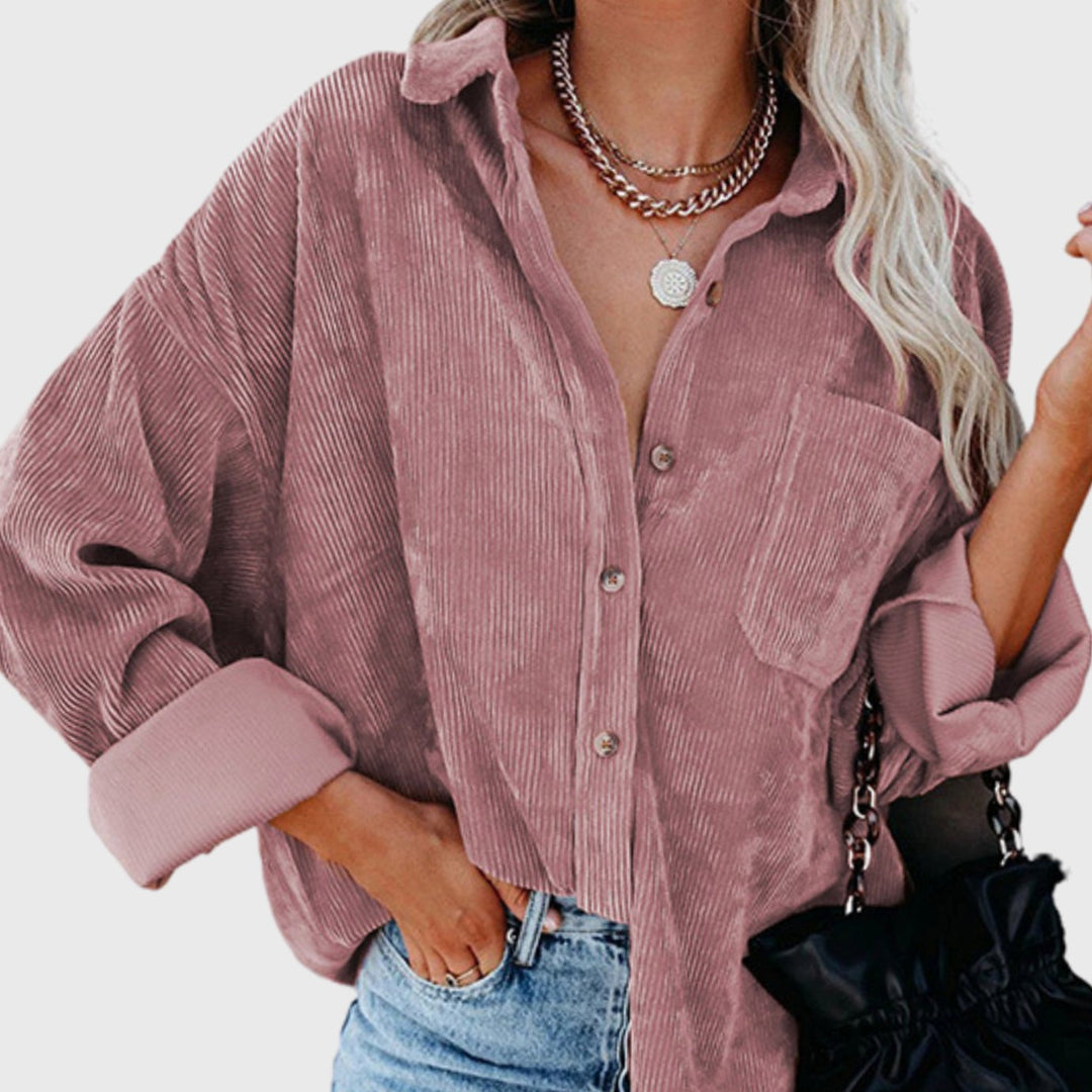 Women's Oversized Corduroy Button-Down Shirt Jacket, Olive Green - Pink