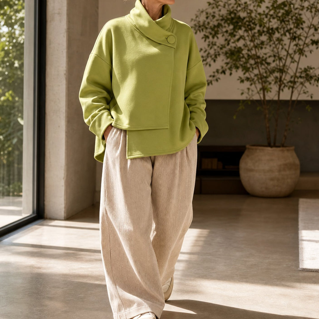 Women's Oversized Cowl Neck Button Asymmetric Pullover Sweatshirt