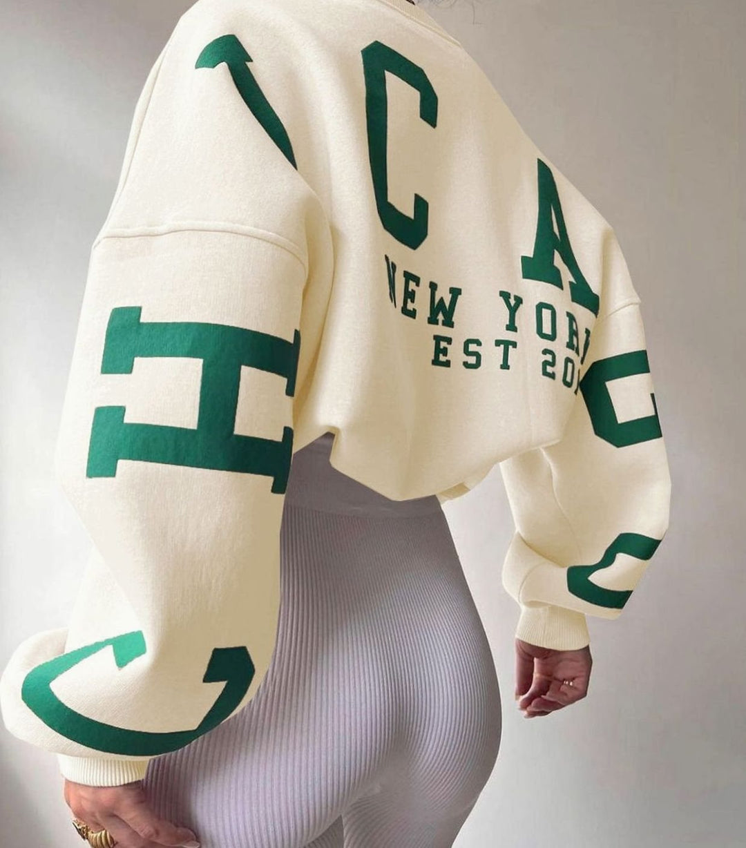 Women's Oversized Cropped Varsity Graphic Crewneck Sweatshirt - White