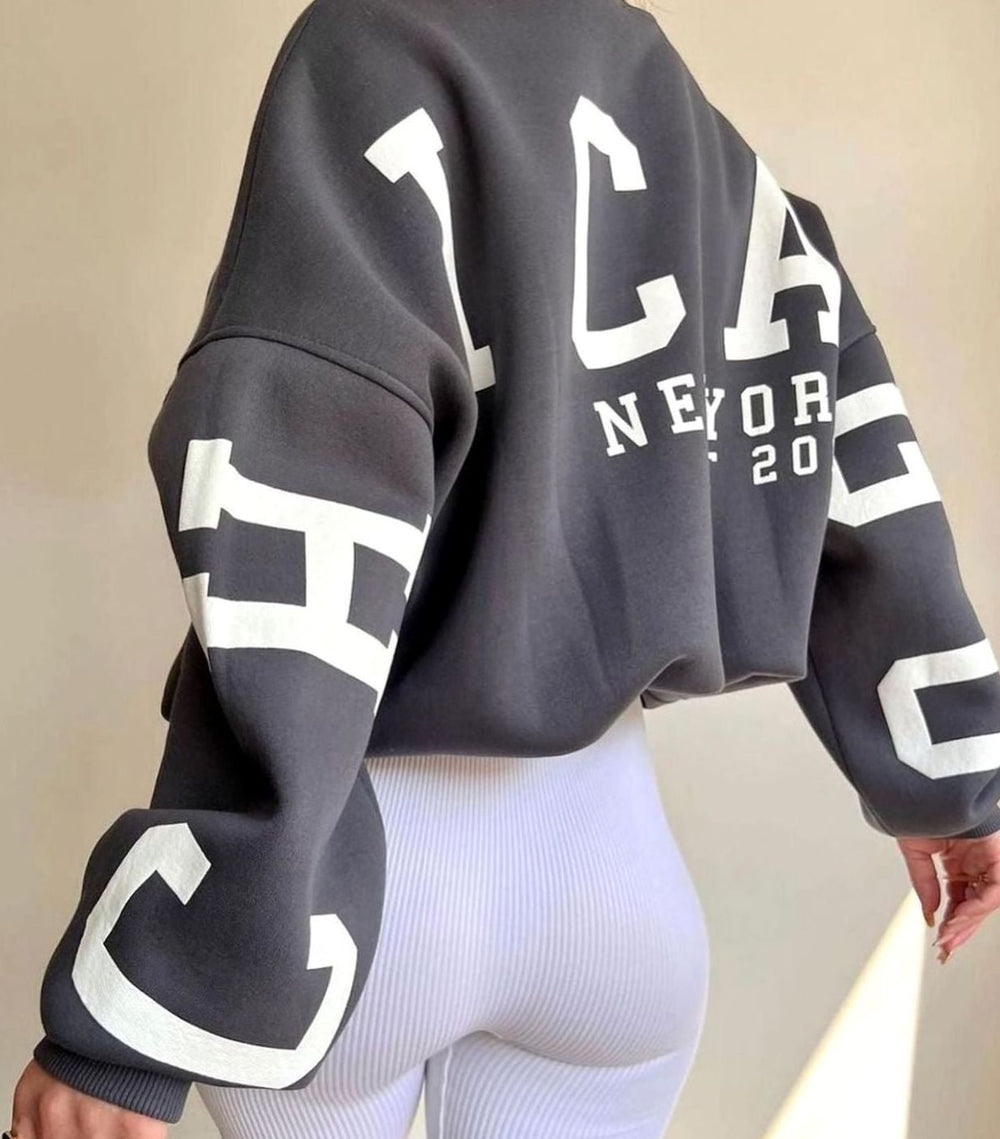 Women's Oversized Cropped Varsity Graphic Crewneck Sweatshirt - Dark Gray