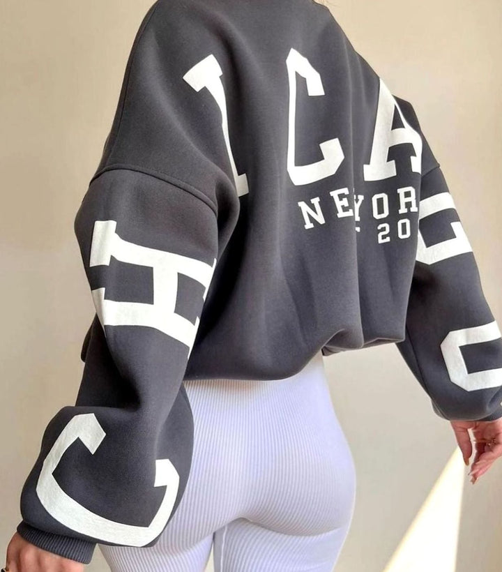 Women's Oversized Cropped Varsity Graphic Crewneck Sweatshirt - Dark Gray