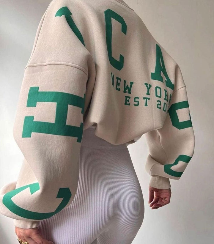 Women's Oversized Cropped Varsity Graphic Crewneck Sweatshirt - Beige