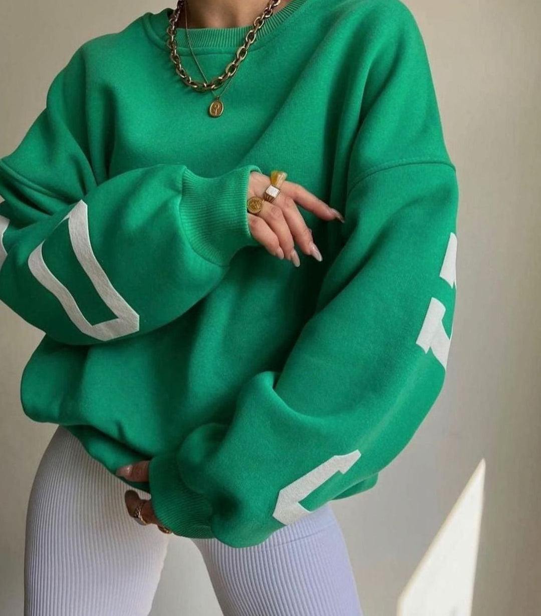 Women's Oversized Cropped Varsity Graphic Crewneck Sweatshirt - Green