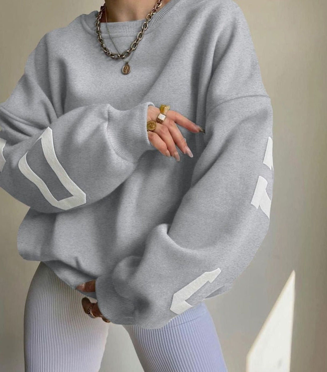 Women's Oversized Cropped Varsity Graphic Crewneck Sweatshirt - Light Gray