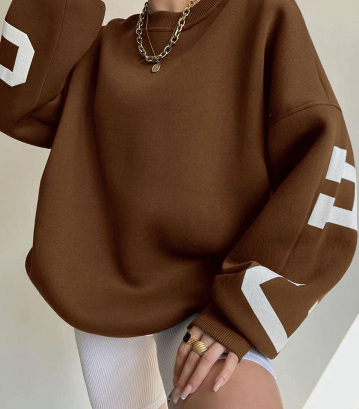 Women's Oversized Cropped Varsity Graphic Crewneck Sweatshirt - Brown