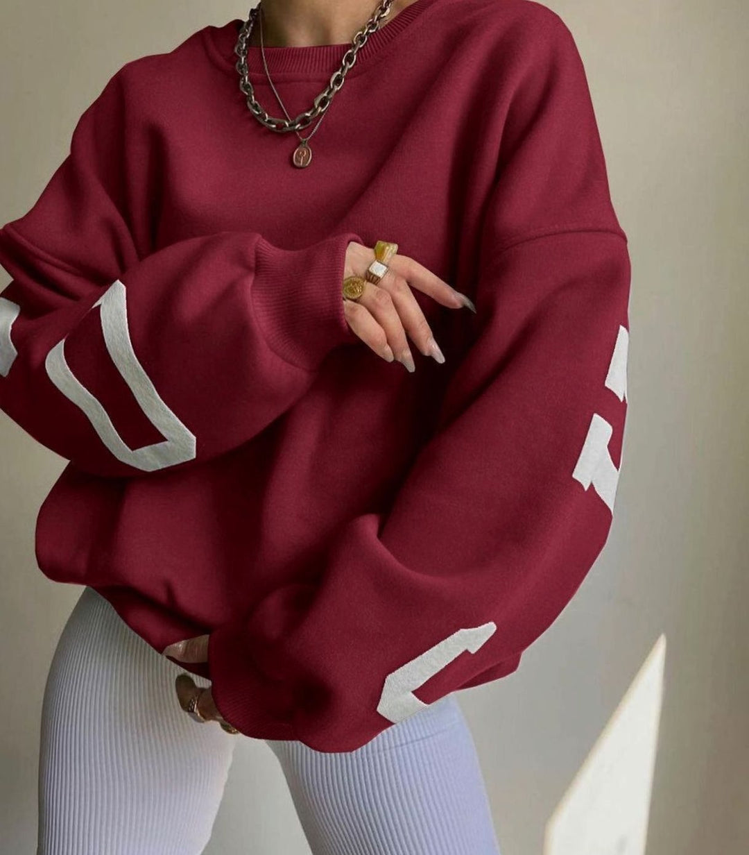 Women's Oversized Cropped Varsity Graphic Crewneck Sweatshirt - Red