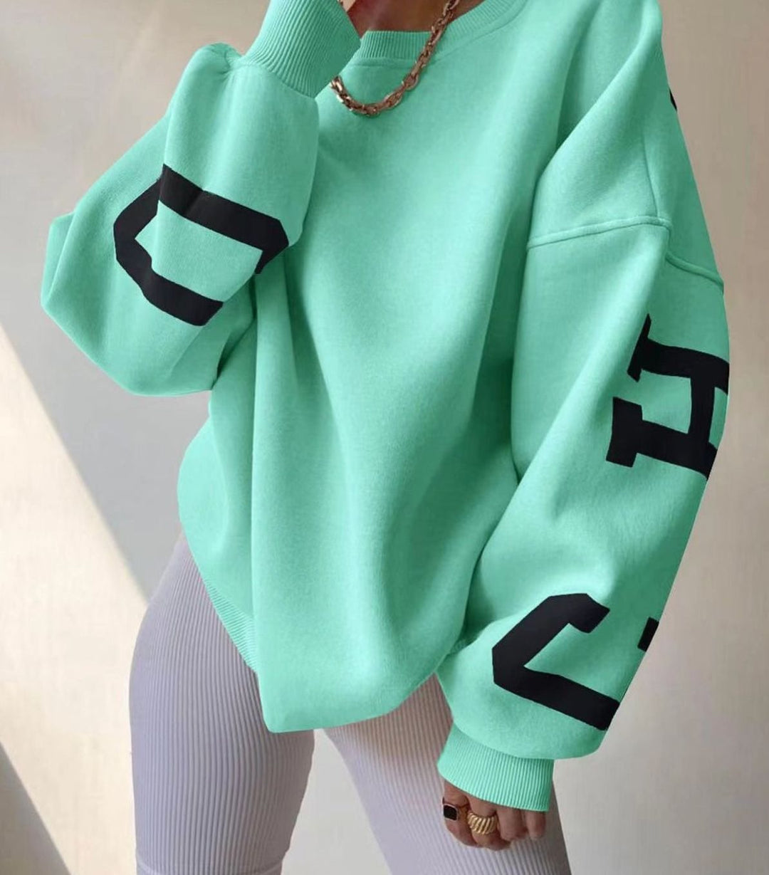 Women's Oversized Cropped Varsity Graphic Crewneck Sweatshirt - Turquoise