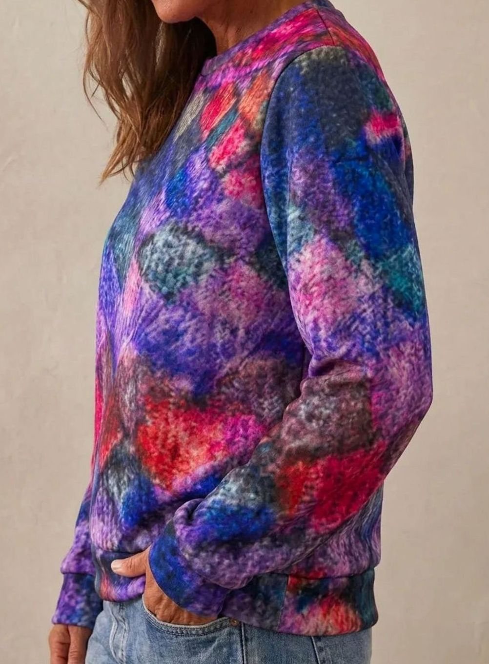 Women's Oversized Diamond-Print Crewneck Knit Sweater