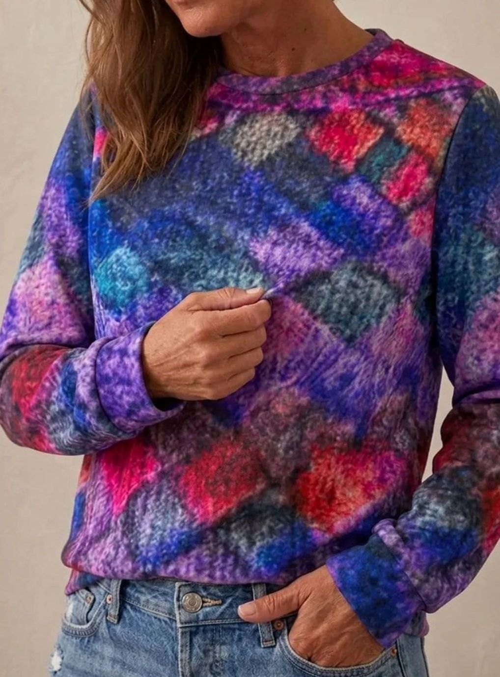 Women's Oversized Diamond-Print Crewneck Knit Sweater
