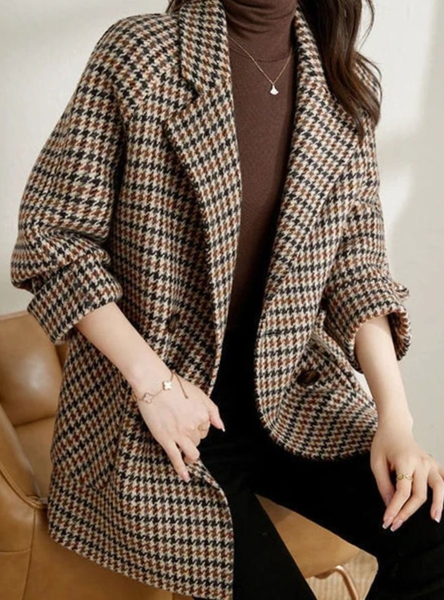 Women's Oversized Double-Breasted Houndstooth Longline Blazer - Brown