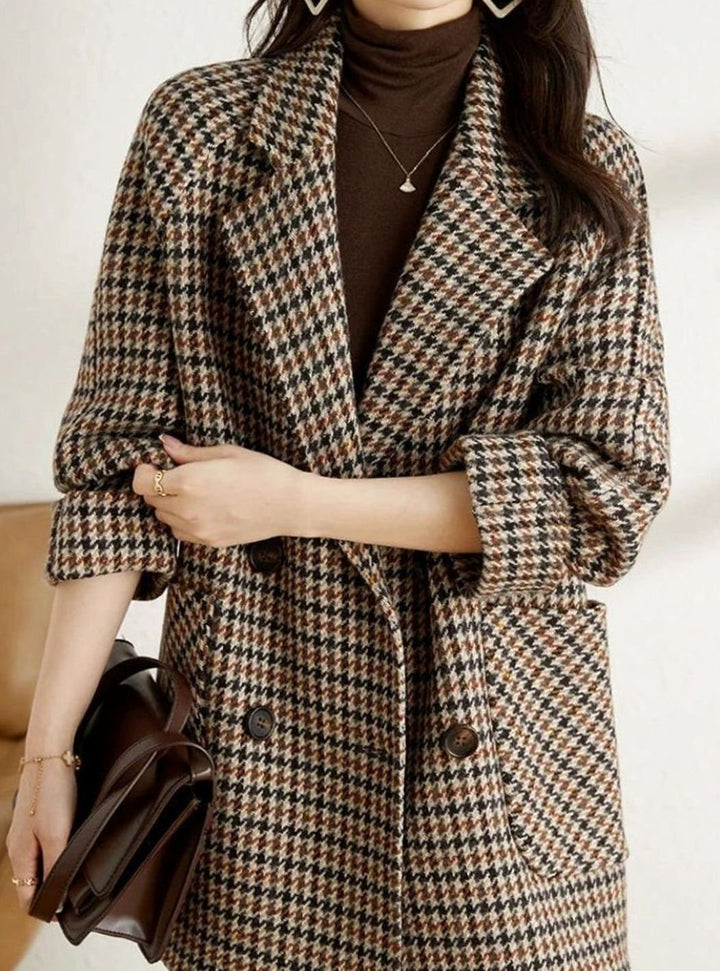 Women's Oversized Double-Breasted Houndstooth Longline Blazer