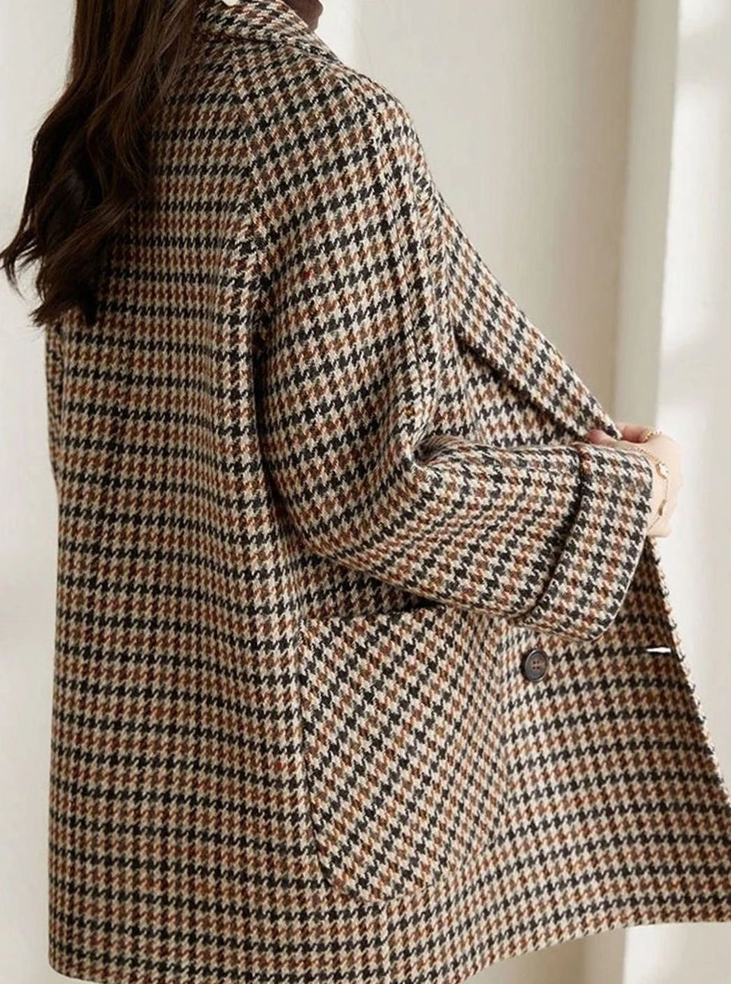 Women's Oversized Double-Breasted Houndstooth Longline Blazer