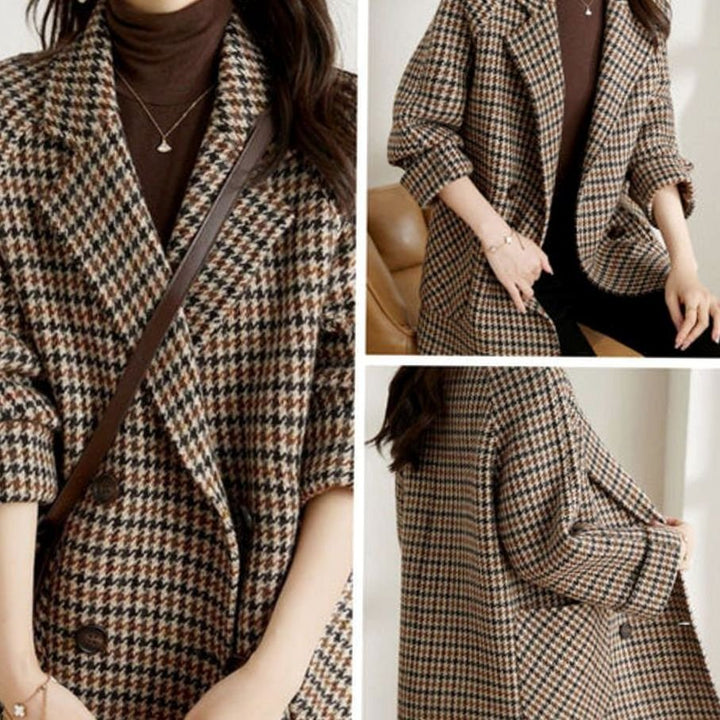 Women's Oversized Double-Breasted Houndstooth Longline Blazer