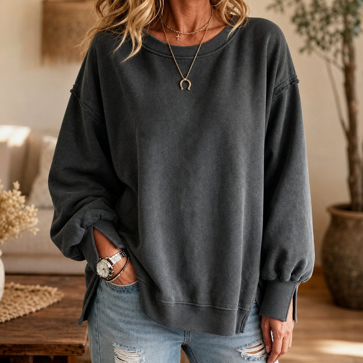 Women's Oversized Exposed-Seam Cut-Out Cuff Crewneck Sweatshirt - Black