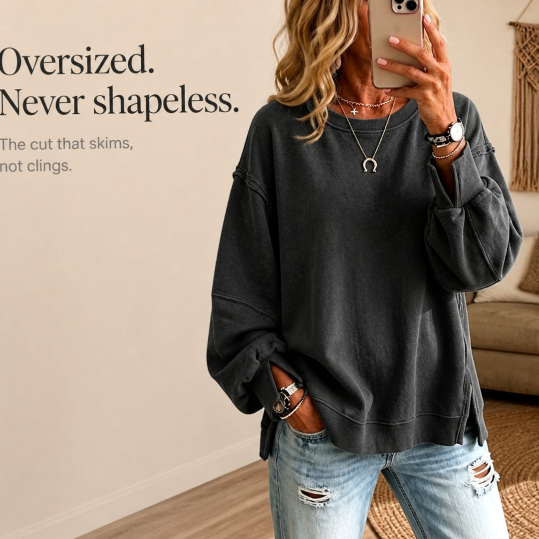 Women's Oversized Exposed-Seam Cut-Out Cuff Crewneck Sweatshirt