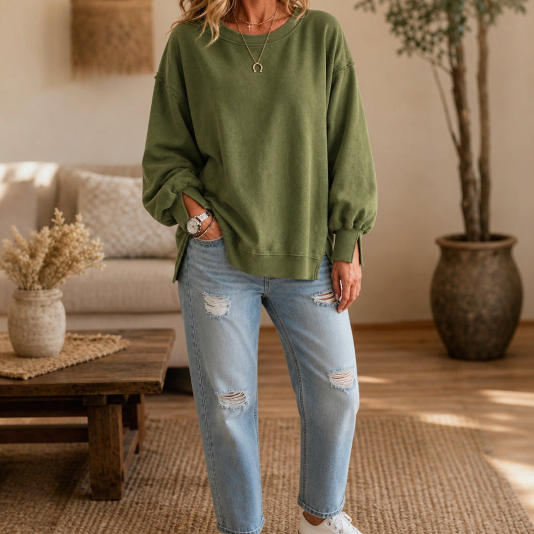 Women's Oversized Exposed-Seam Cut-Out Cuff Crewneck Sweatshirt - Green