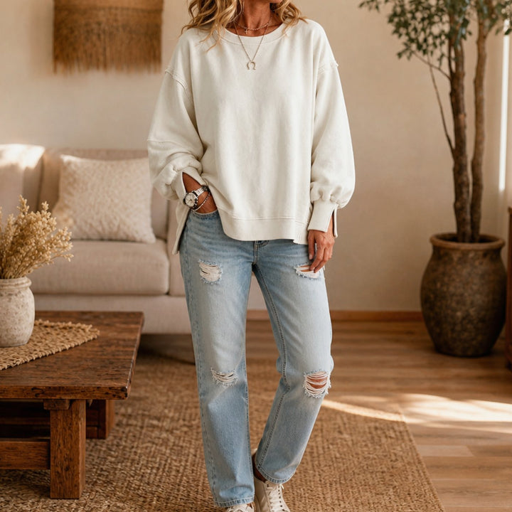 Women's Oversized Exposed-Seam Cut-Out Cuff Crewneck Sweatshirt - White