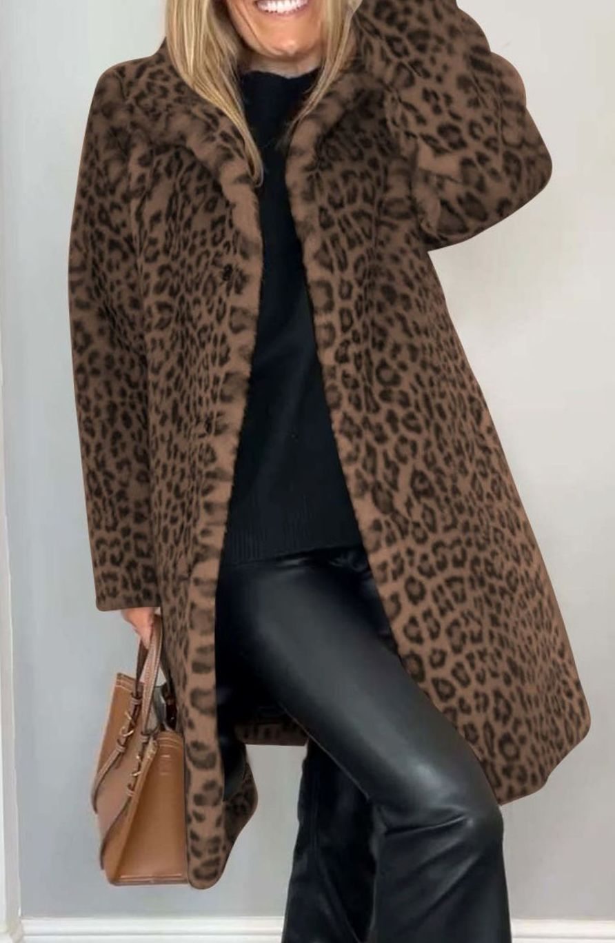 Women's Oversized Faux Fur Leopard Print Mid-Length Coat - Dark Brown