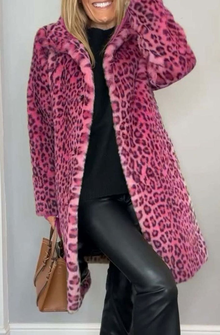 Women's Oversized Faux Fur Leopard Print Mid-Length Coat - Rose Red