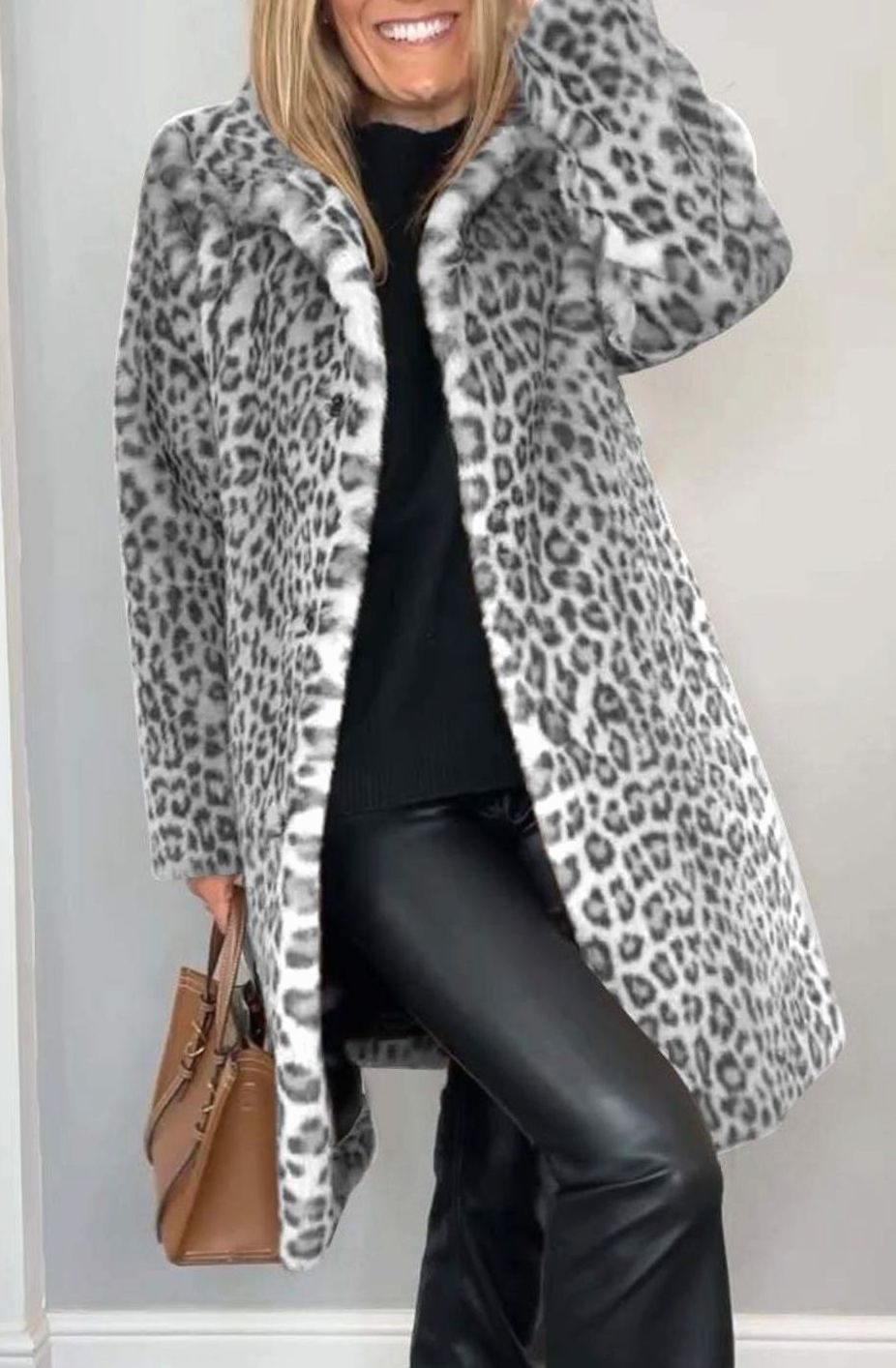Women's Oversized Faux Fur Leopard Print Mid-Length Coat - Gray
