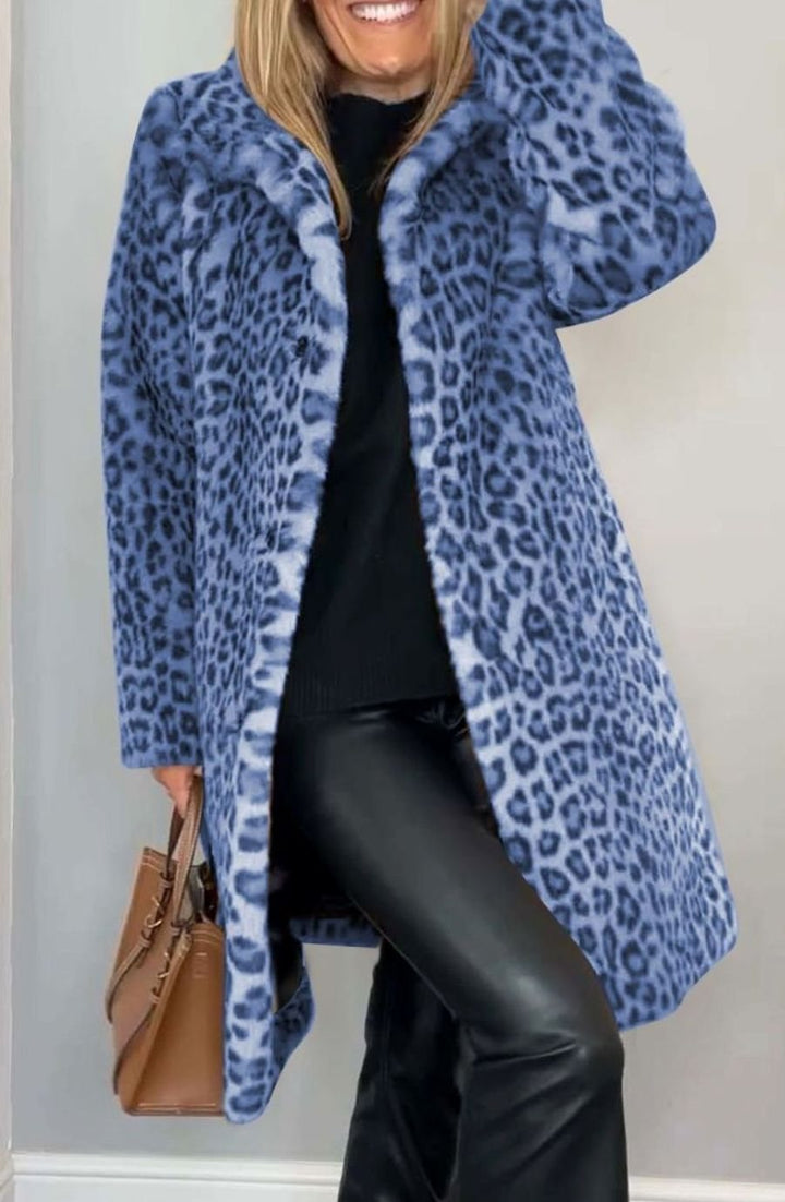 Women's Oversized Faux Fur Leopard Print Mid-Length Coat - Blue