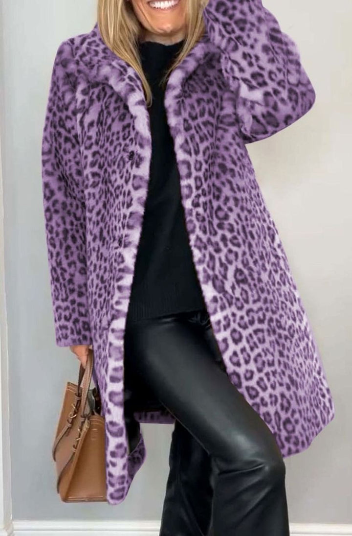 Women's Oversized Faux Fur Leopard Print Mid-Length Coat - Purple