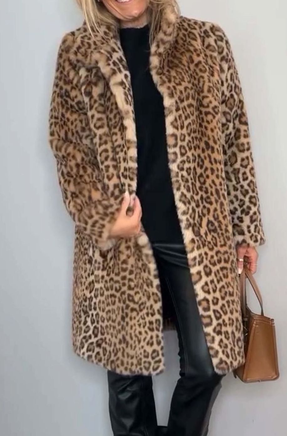 Women's Oversized Faux Fur Leopard Print Mid-Length Coat