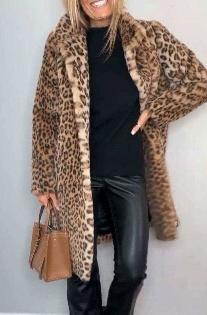 Women's Oversized Faux Fur Leopard Print Mid-Length Coat