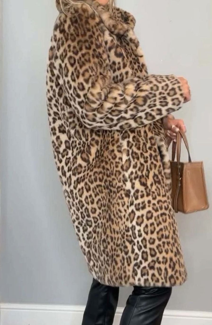 Women's Oversized Faux Fur Leopard Print Mid-Length Coat