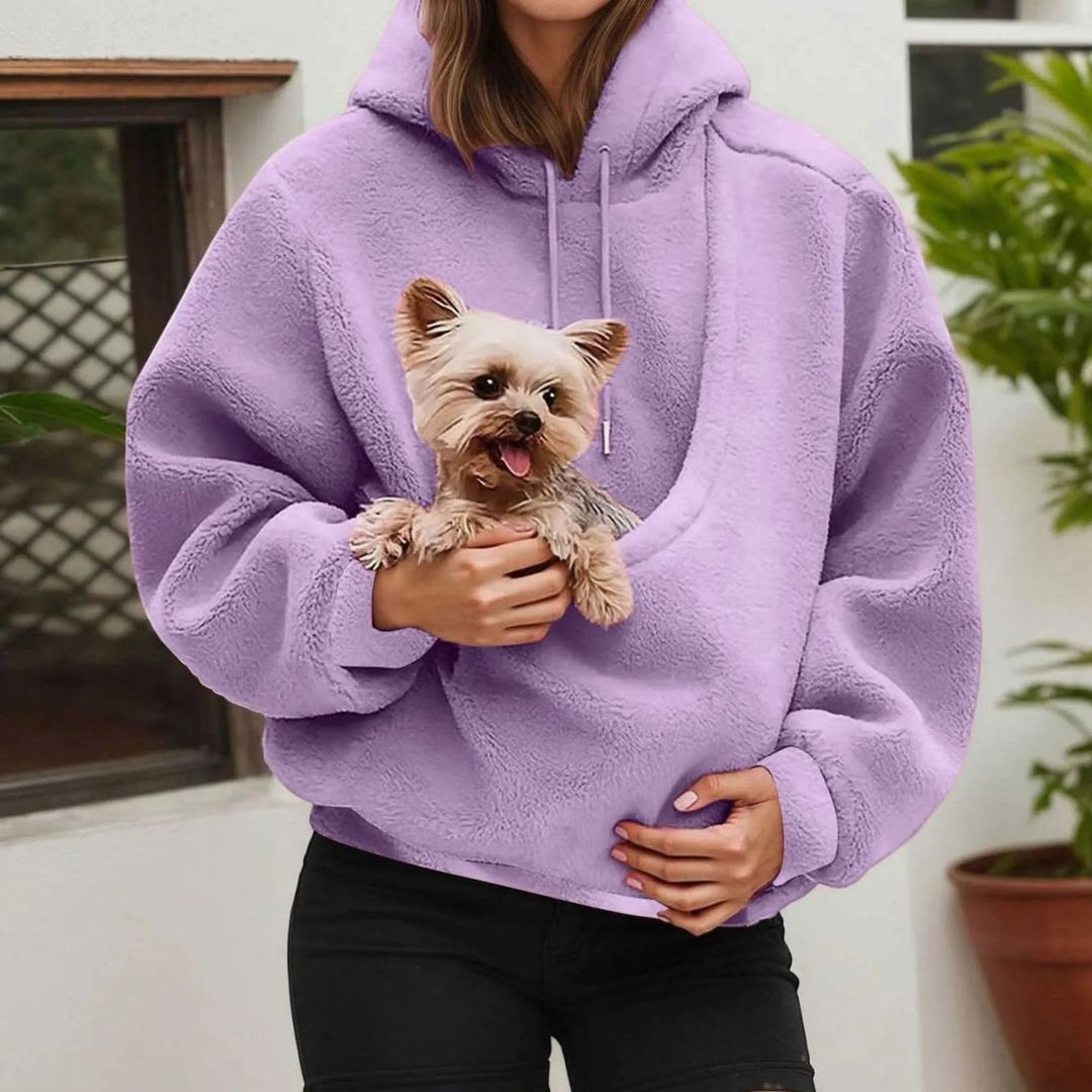 Women's Oversized Fleece Hoodie Kangaroo Pet Carrier Pouch Sweatshirt - Purple
