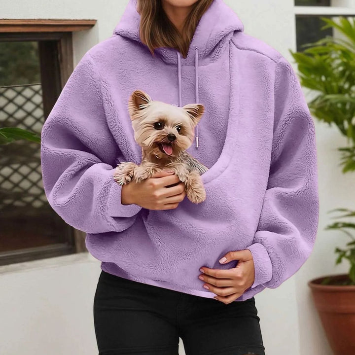 Women's Oversized Fleece Hoodie Kangaroo Pet Carrier Pouch Sweatshirt - Purple