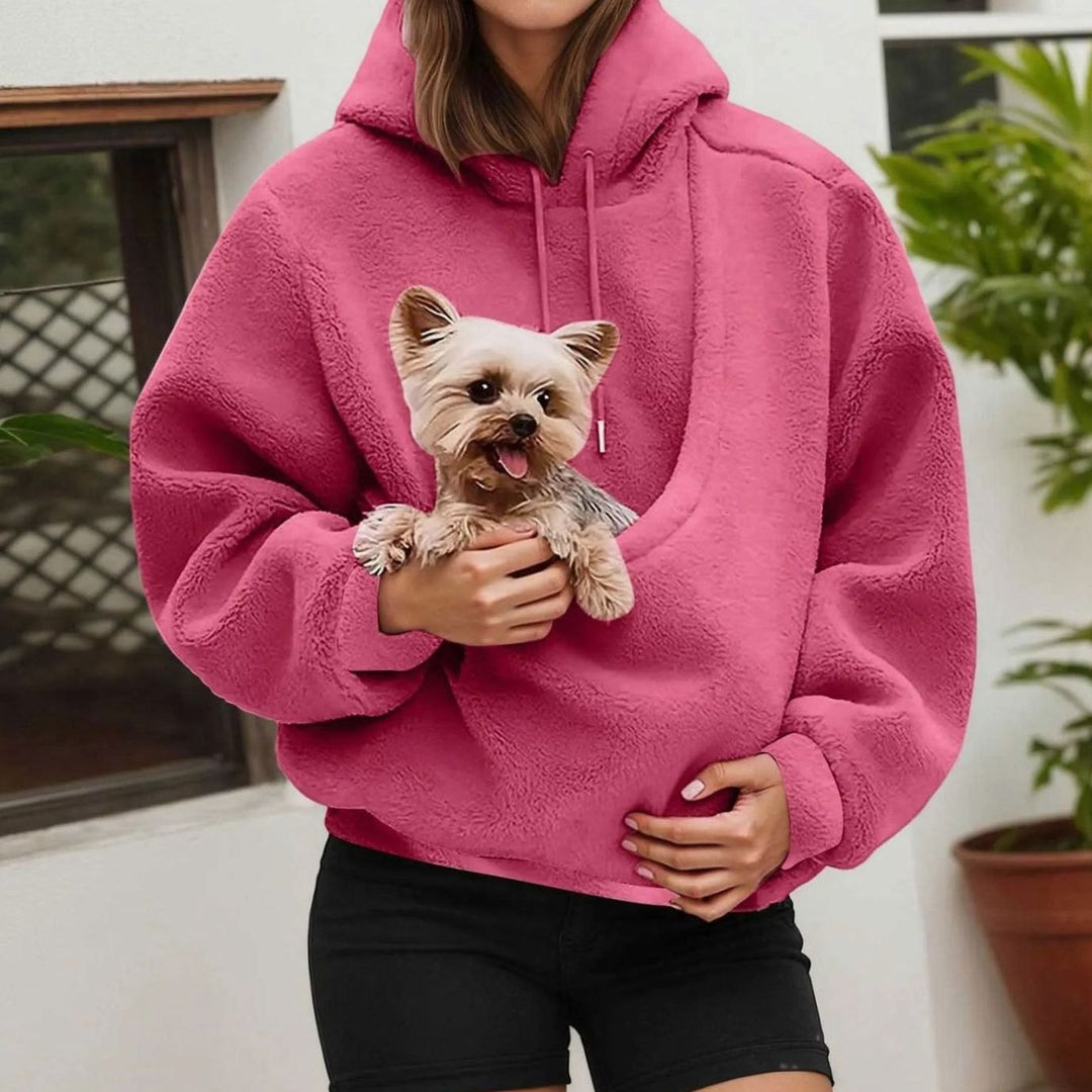 Women's Oversized Fleece Hoodie Kangaroo Pet Carrier Pouch Sweatshirt - Hot Pink