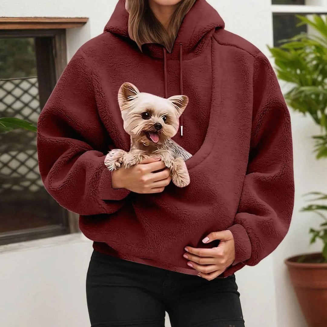 Women's Oversized Fleece Hoodie Kangaroo Pet Carrier Pouch Sweatshirt - Wine