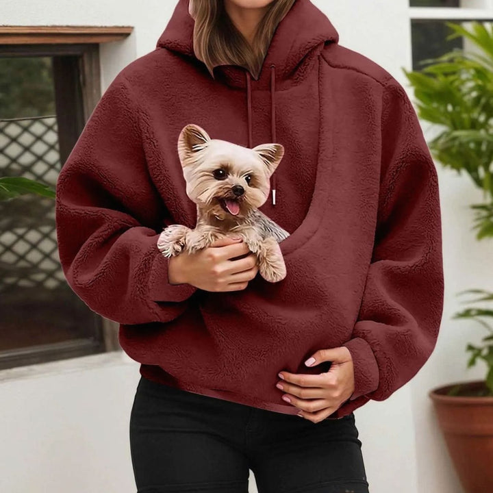Women's Oversized Fleece Hoodie Kangaroo Pet Carrier Pouch Sweatshirt - Wine