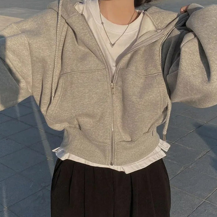 Women's Oversized Fleece-Lined Zip-Up Hoodie - Light Gray