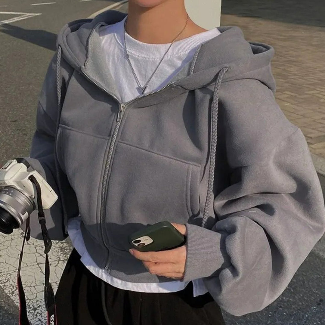 Women's Oversized Fleece-Lined Zip-Up Hoodie - Dark Gray