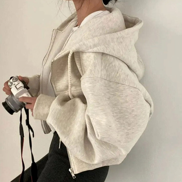 Women's Oversized Fleece-Lined Zip-Up Hoodie - Beige