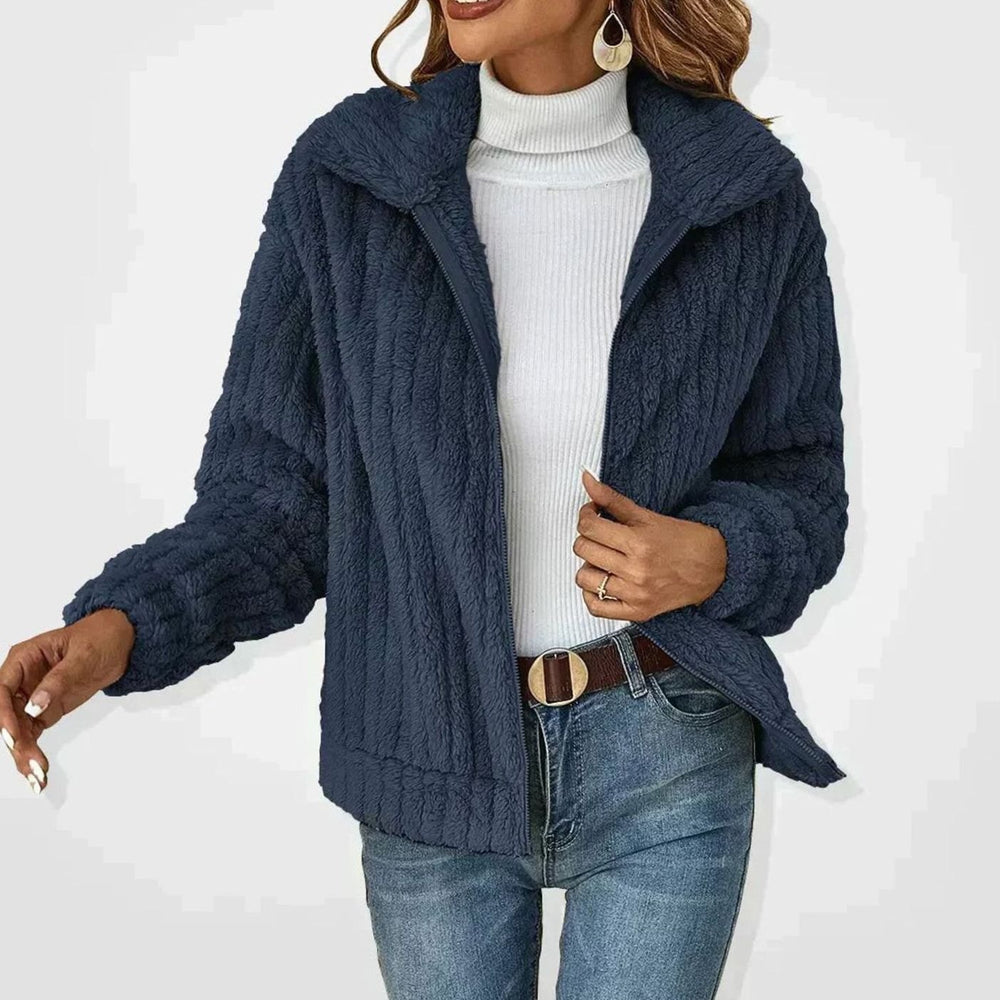 Women's Oversized Fluffy Zip-Up Sherpa Cardigan Jacket - Navy Blue