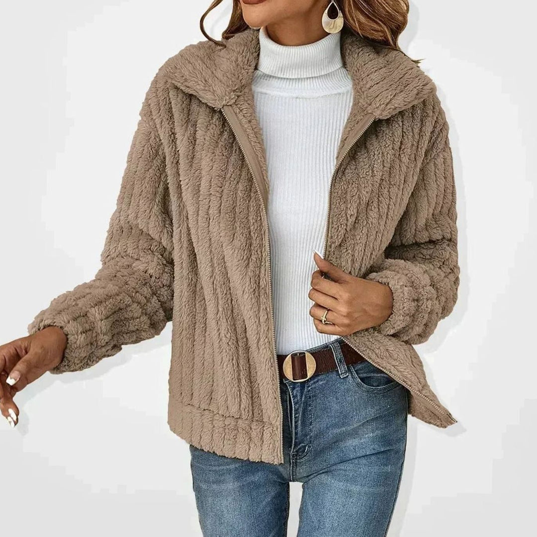 Women's Oversized Fluffy Zip-Up Sherpa Cardigan Jacket - Khaki