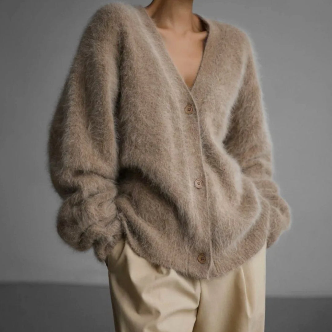Women's Oversized Fuzzy V-Neck Button-Front Cardigan Sweater - Brown